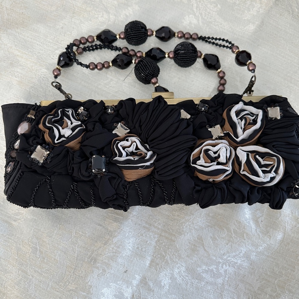 Mary Frances Black and Brown Floral Clutch